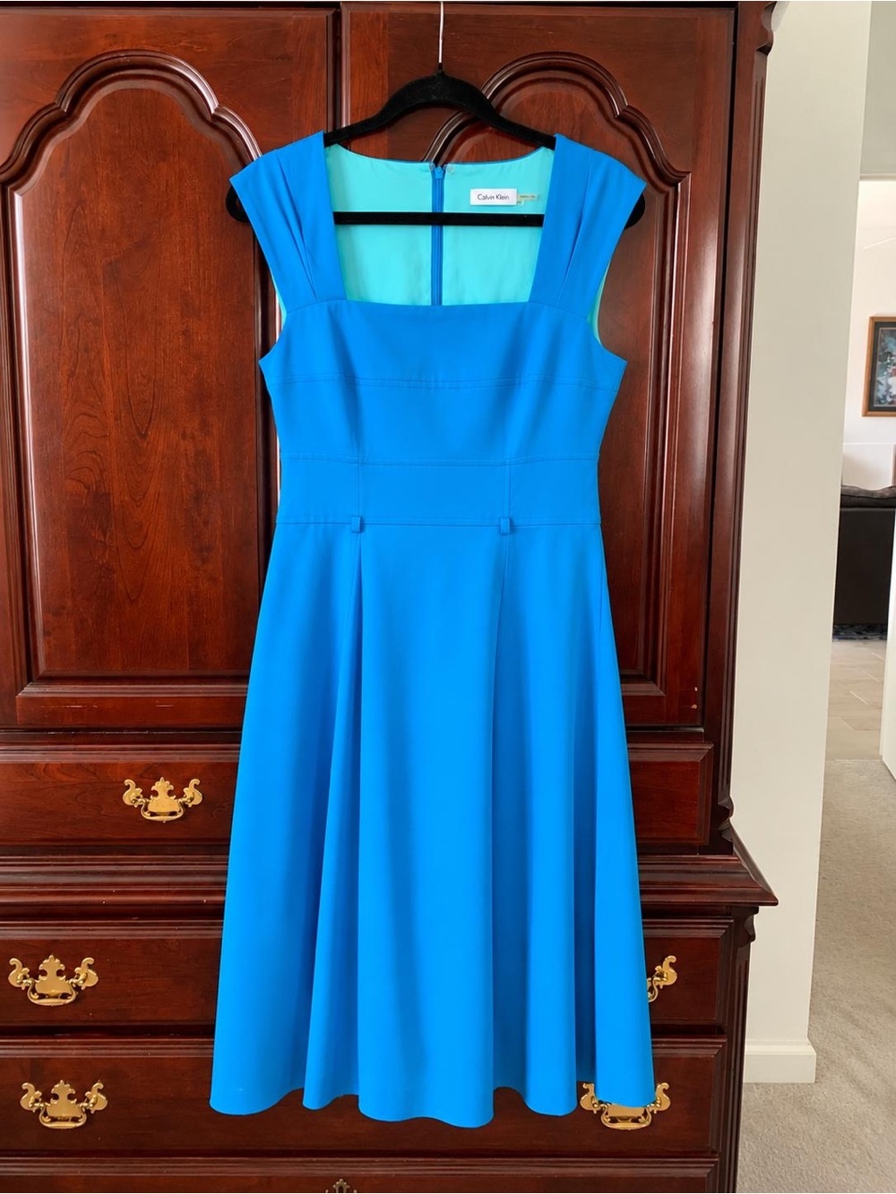 Calvin Klein Bright Blue Square-Neck Fit & Flare Dress